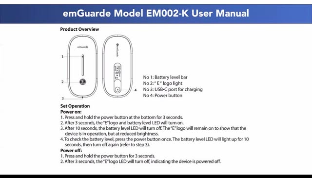 So do cac bo phan emGuarde Portable model EM002-K: den bao pin, den logo E, cong USB-C, nut nguon